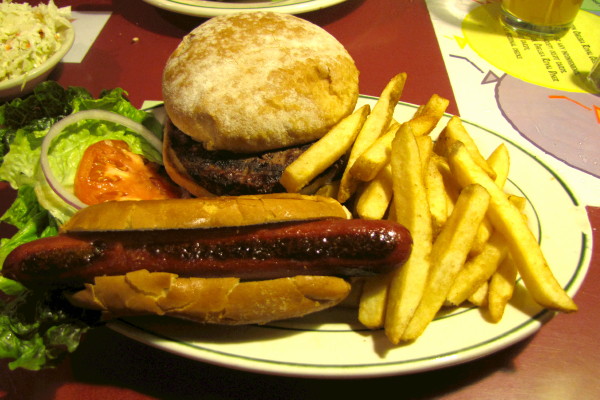 photo of the Buffalo Bill's Feast (buffalo hot dog, bison burger, fries) from Chelsea Royal Diner, Brattleboro, VT