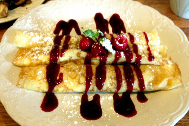 photo of cheese blintzes from the Amber Road Cafe, Canton, MA