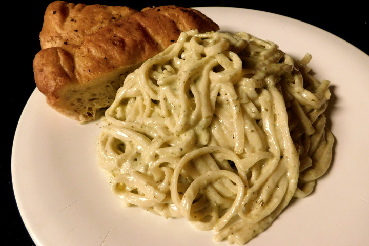 photo of spaghetti with pesto cream sauce from Bob's Italian Foods, Medford, MA
