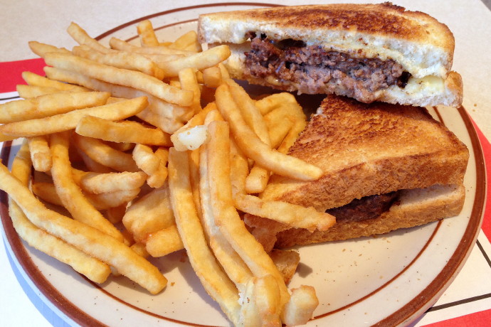photo of a burger from Cabot's Ice Cream and Restaurant, Newton, MA