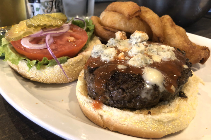 photo of bleu cheese and BBQ burger from the Corner Pub, Boston, MA