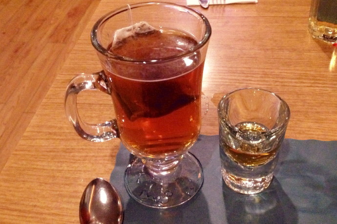 photo of hot tea with a shot of Jameson whiskey from Cronin's Publick House, Quincy, MA