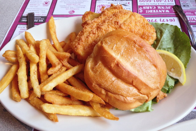 photo of a fish sandwich from Grumpy White's, Quincy, MA