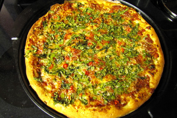 photo of homemade amaranth, scallion, and cayenne pizza