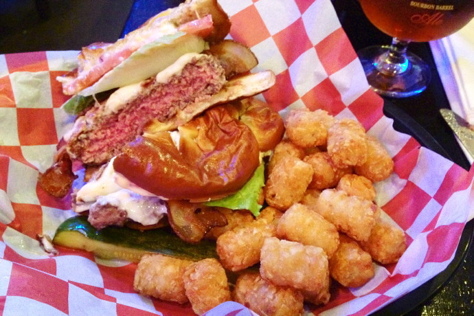 photo of a pretzel bacon burger from KKatie's Burger Bar, Marshfield, MA