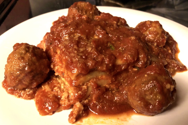 photo of lasagna with meatballs from La Cascia's Bakery, Medford, MA