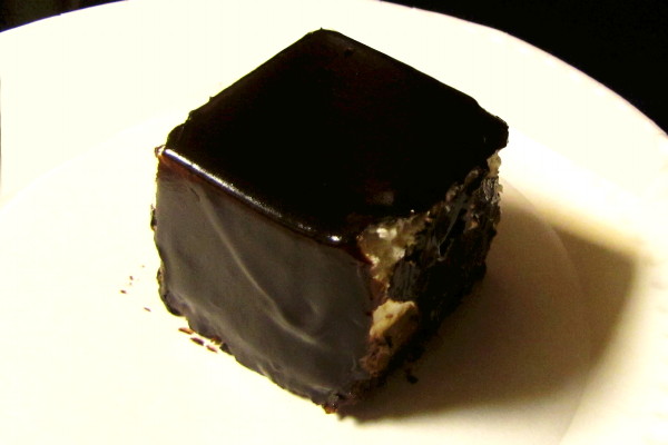 photo of magic cube (chocolate square with cream and cherries inside) from Licki Licki dessert stand in Allston, MA