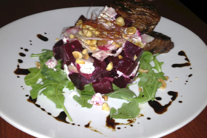 photo of beet salad with steak tips from Lucky's Lounge, Boston, MA