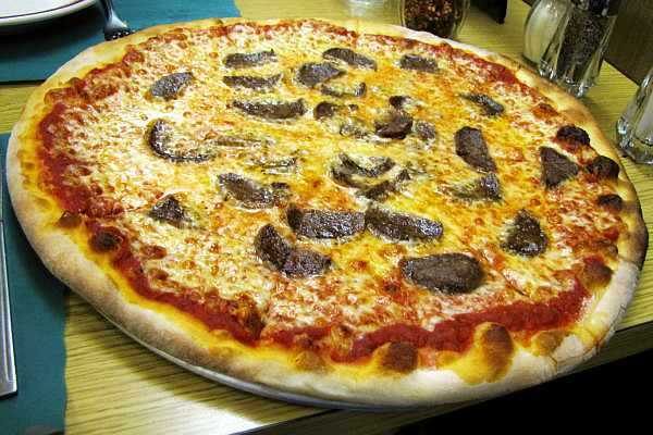 photo of meatball pizza from Pleasant Cafe, Roslindale, MA