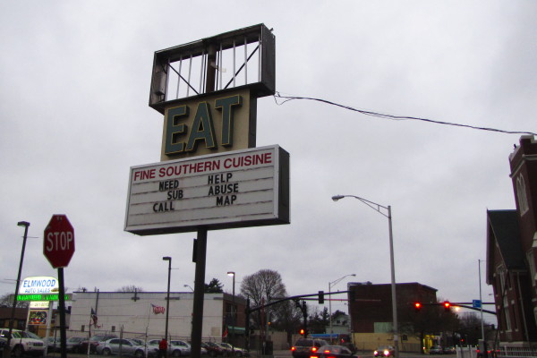 photo of restaurant/drug abuse hotline sign, Providence, RI