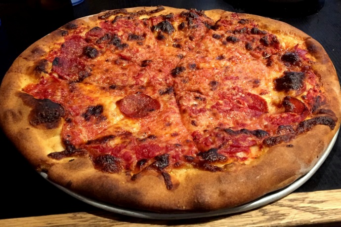 photo of pepperoni pizza from Santarpio's, East Boston, MA
