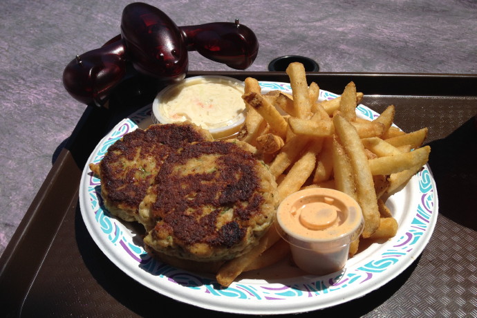 photo of crab cakes (and a hungry lobster) from Tony's Clam Shop, Quincy, MA
