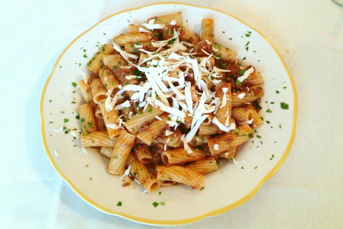 photo of rigatoni with ground beef, fennel seeds, and dried ricotta from Vecchia Roma, Newton, MA
