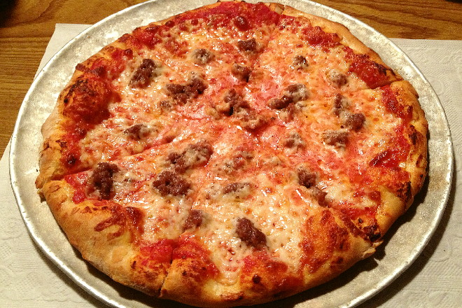 photo of a hamburg pizza from Villa Rosa, Quincy, MA